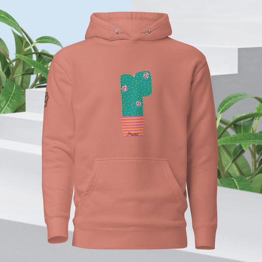 Dusty rose unisex hoodie, pullover style with hood, front pouch pocket, and graphic.