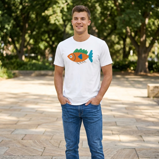 Person wearing a bold graphic tee with jeans and white trainers in a relaxed streetwear outfit