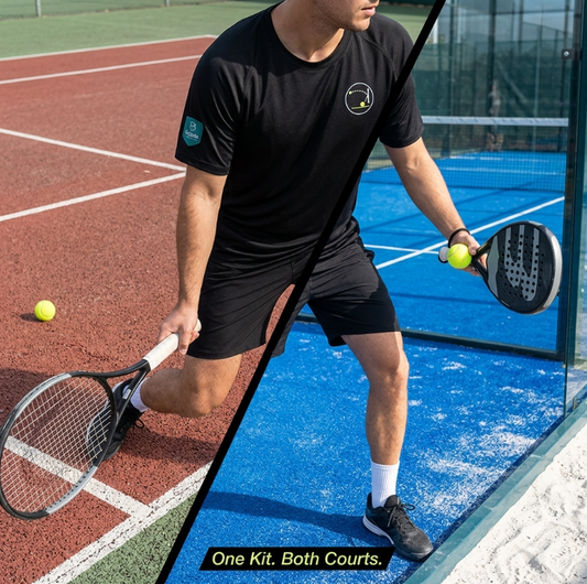 Tennis racket and padel bat side by side on court, with a breathable mesh Bajada padel jersey worn across both sports