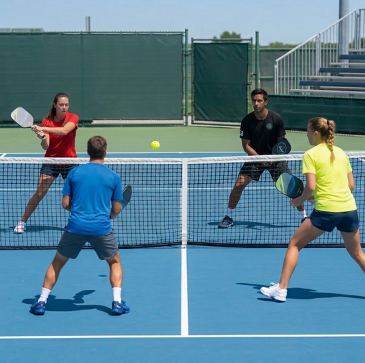 Four players in a doubles pickleball rally on an outdoor court on a sunny day