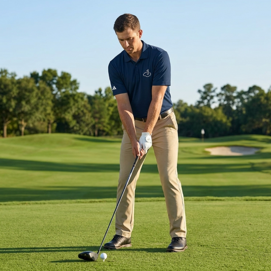 Golfer in a navy Fairway Polo at address on the fairway, showing a well-fitting golf polo