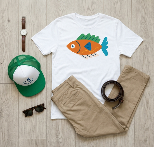 fish art graphic tee styled with jeans, streetwear outfit