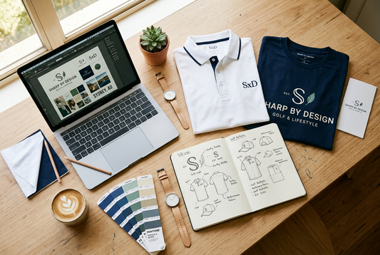 Sharp by Design artwork and apparel mockups on a desk, showing the design process behind the label’s Australian designed clothing