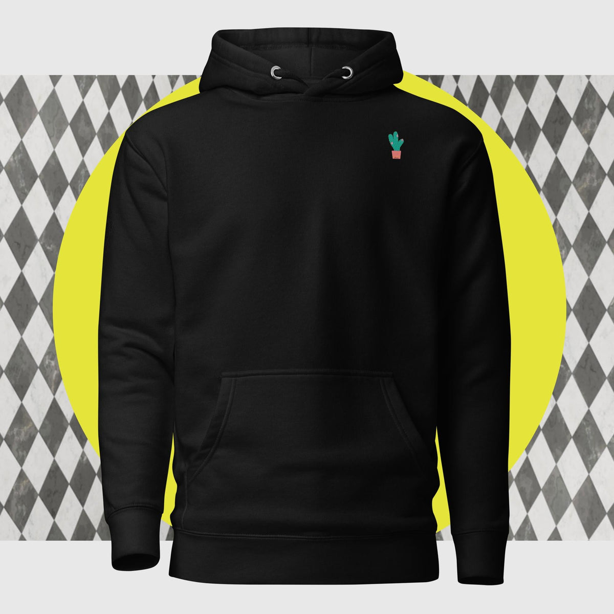 Black unisex hoodie with drawstring hood, front pocket, cactus logo on back