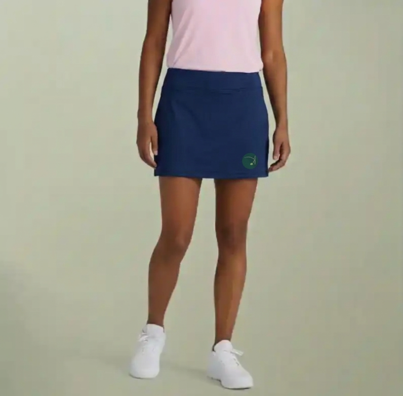 Navy sports skort with a smooth front and small logo near the hem.