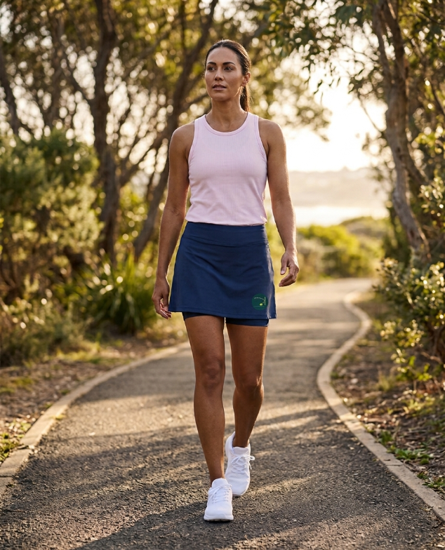 Woman walking along a park path wearing the True Navy Repeat Skort, a women’s sports skort with two pockets
