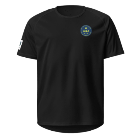 Black breathable pickleball jersey with round neck and small chest logo patch