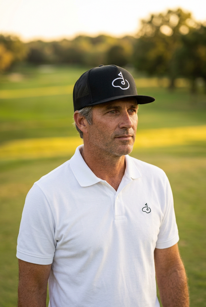 Golfer on the fairway wearing a black flat-brim trucker hat with white embroidered golf green logo