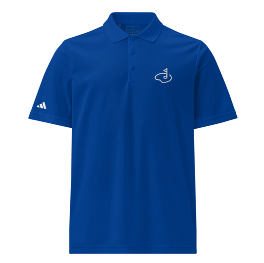 Blue golf polo shirt with white logo and button placket