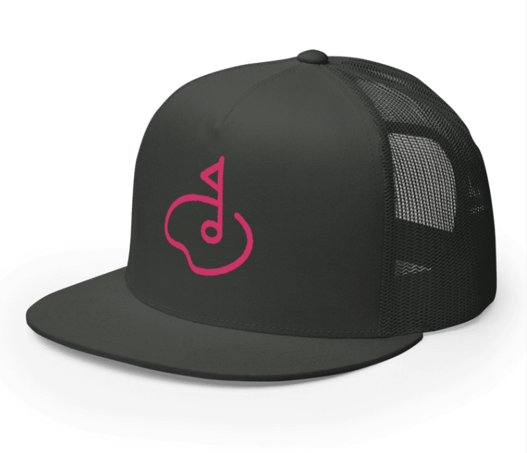 Embroidered golf trucker hat with pink logo on dark charcoal cap and mesh back