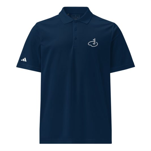 Navy golf polo shirt with button placket, embroidered emblem, and adidas sleeve stripes