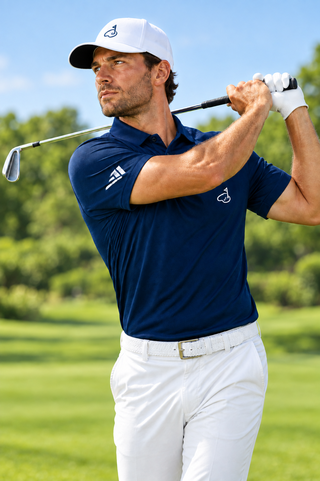 Navy blue golf polo shirt with white logo accents and short sleeves, buttoned collar