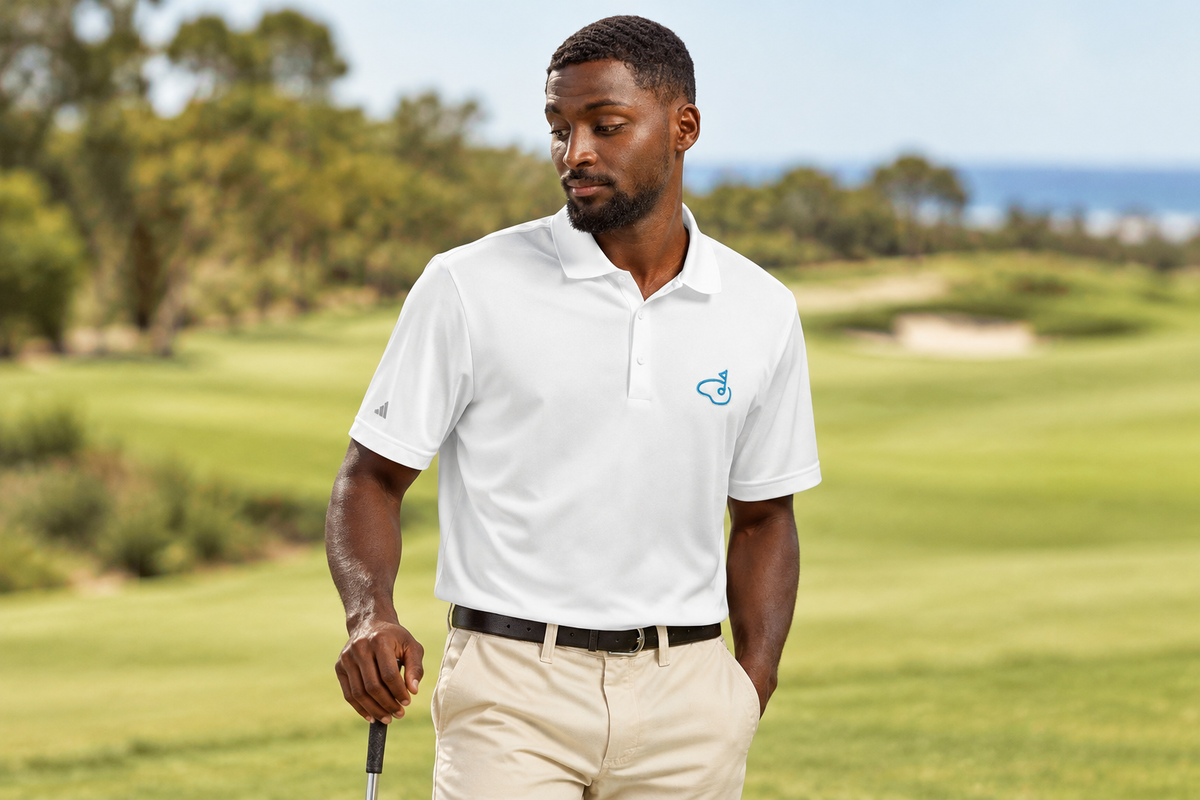 White short-sleeve polo shirt with aqua logo on chest