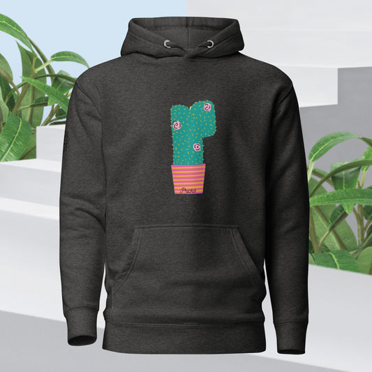 Charcoal unisex hoodie, pullover style with hood and front pouch pocket with graphic.
