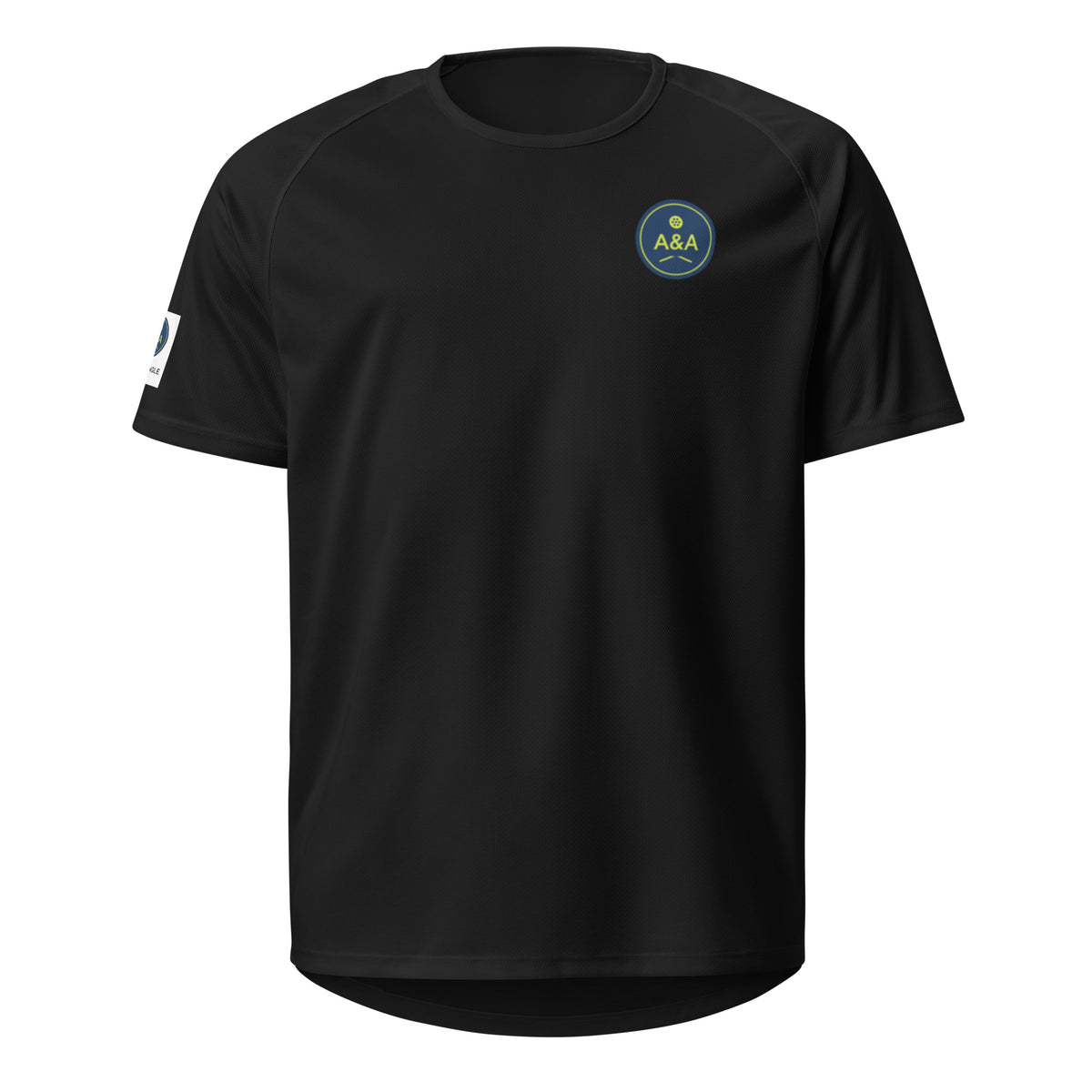 Black unisex pickleball jersey with yellow-green Ace & Angle A&A badge logo, front view