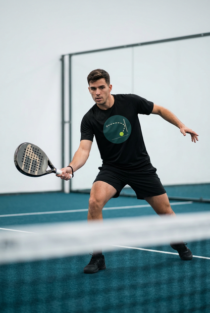male padel player mid game
