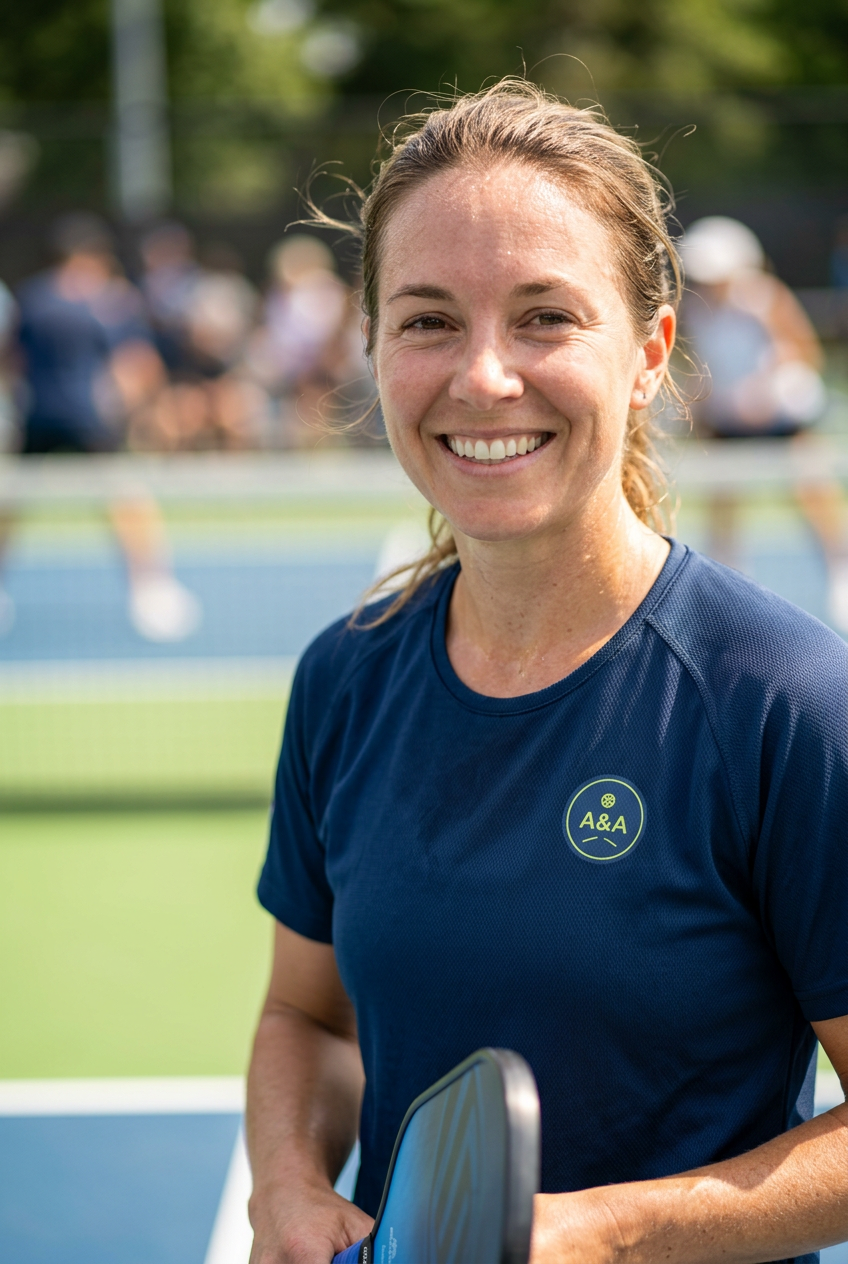 pickleball player smiling into the lens wearing Navy jersey