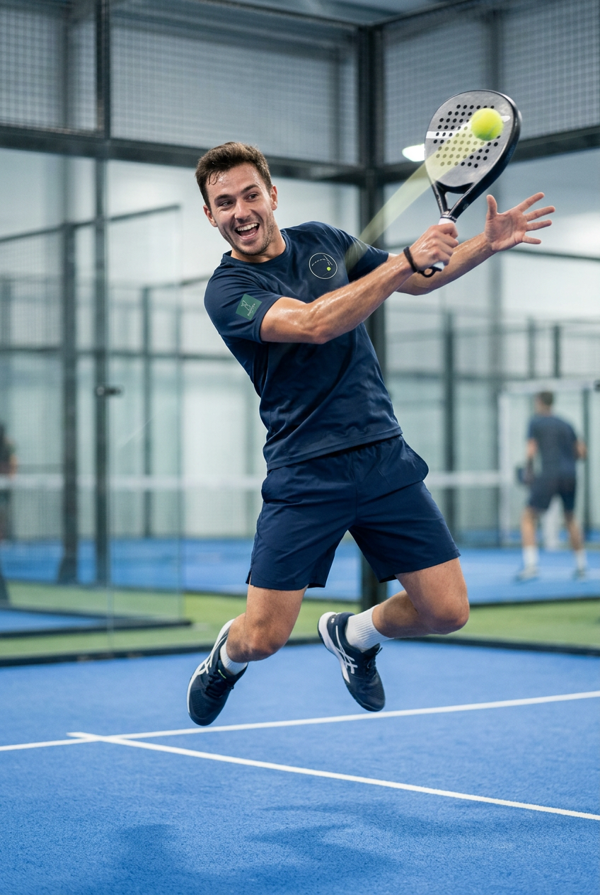 Padel player both feet off floor playing shot