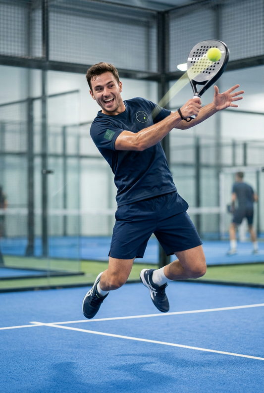 Padel player both feet off floor playing shot
