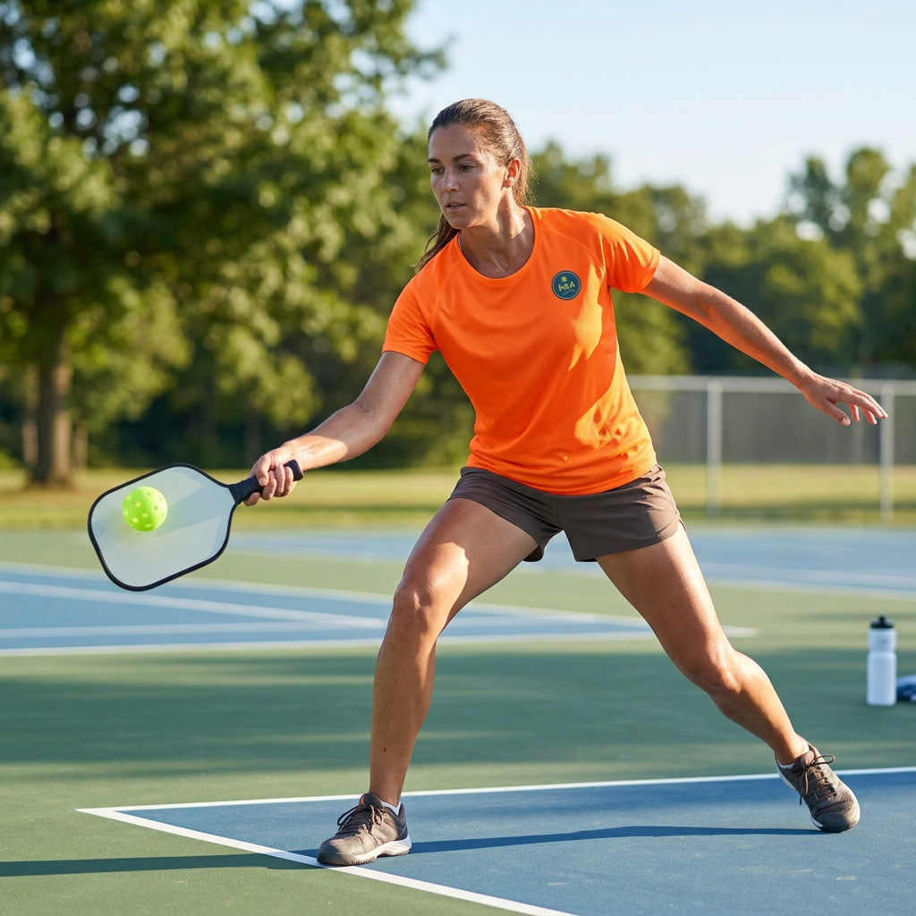 Pickleball player wearing orange pickleball jersey