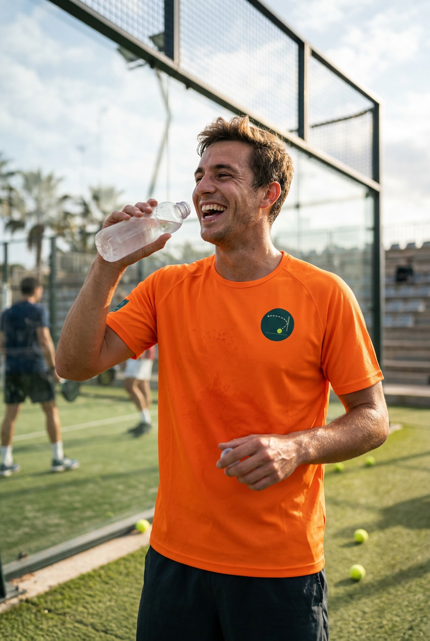 player wearing Orange Jersey drinking water laughing