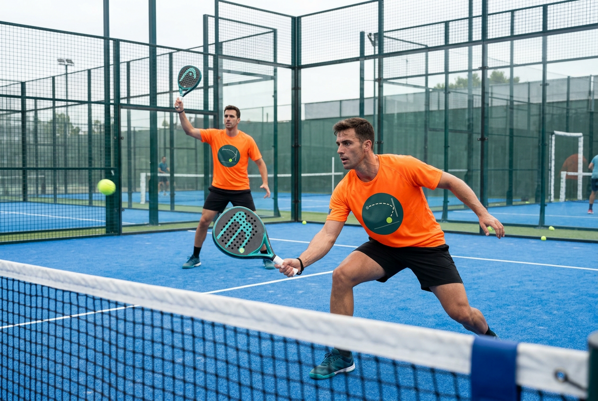 padel doubles partners wearing team orange jersey