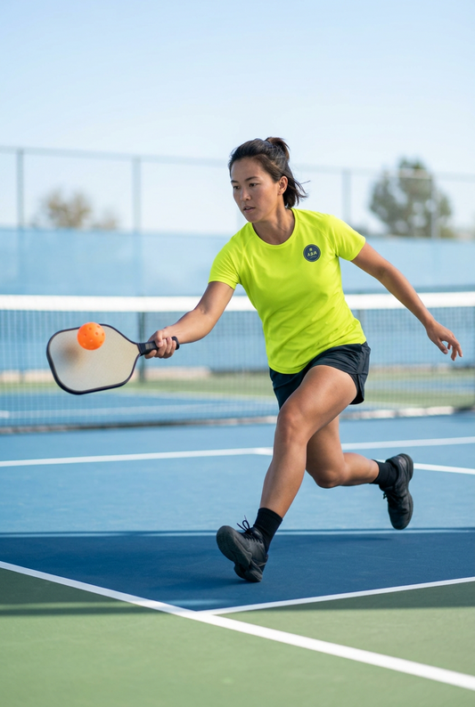 Female pickleball player wearing yellow jersey