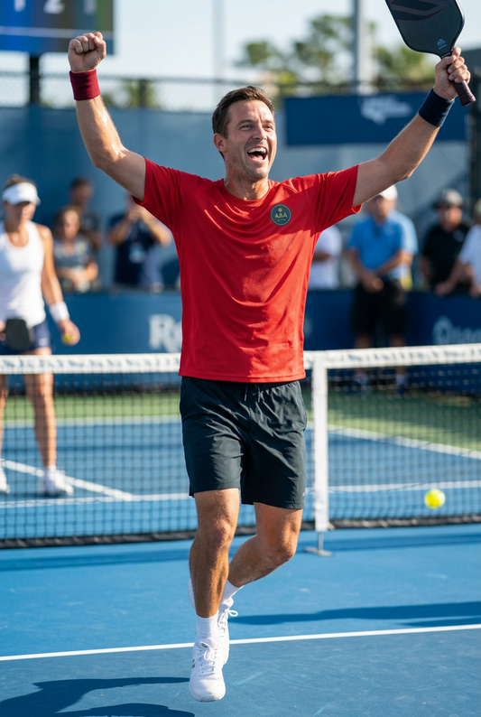 Pickleball player celebrating a shot holding arms in air