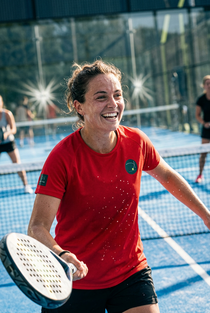 Padel player wearing red jersey happy smiling