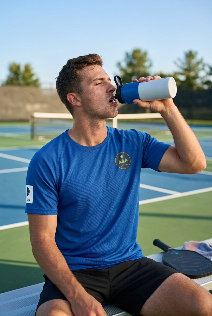 pickleball player rehydrating at the side of the court