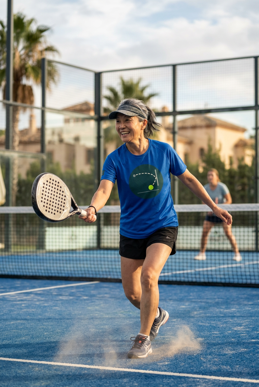 female padel player wearing blue jersey