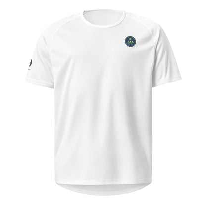 White unisex pickleball jersey with yellow-green Ace & Angle A&A badge logo, front view