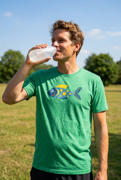 Individual wearing green t-shirt drinking water