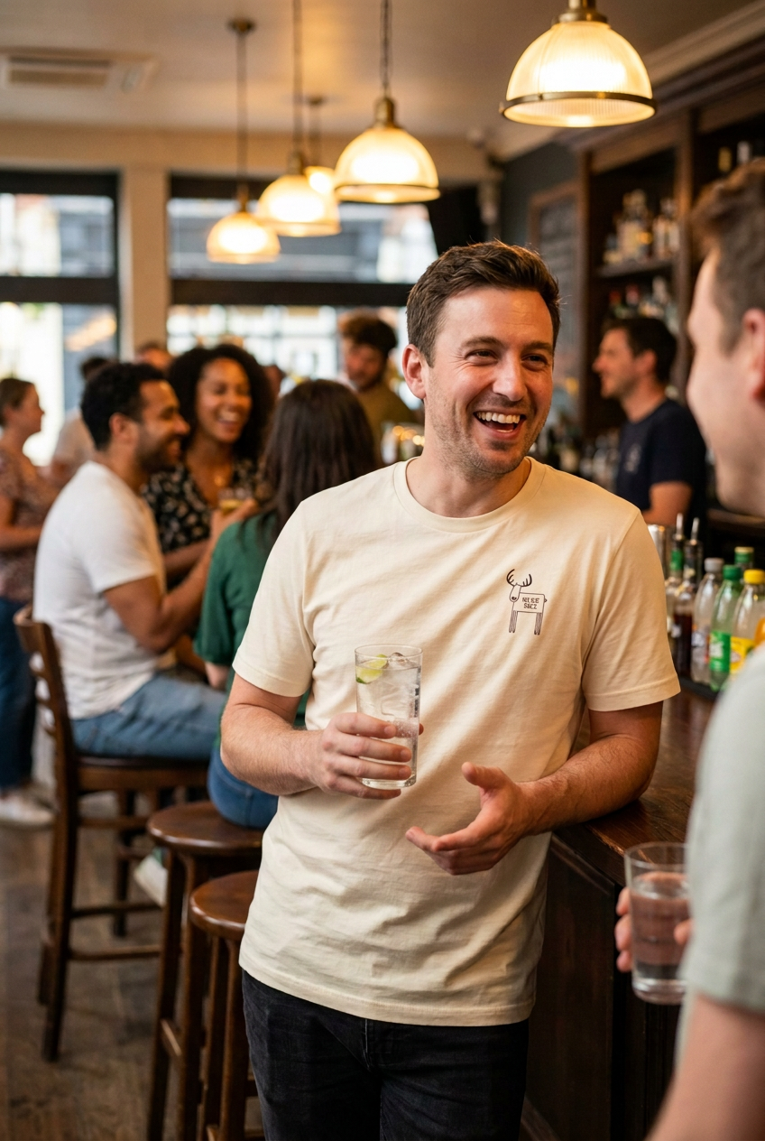Person socialising in a bar laughing