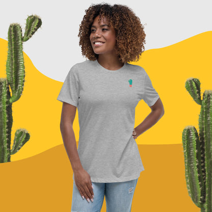 Women's relaxed crew-neck t-shirt, heather gray, small cactus graphic on chest