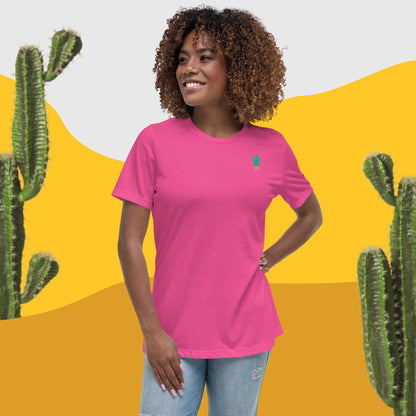Women's relaxed crew-neck t-shirt, bright pink, small cactus graphic on chest