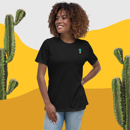 Women's relaxed crew-neck t-shirt, black, small cactus graphic on chest