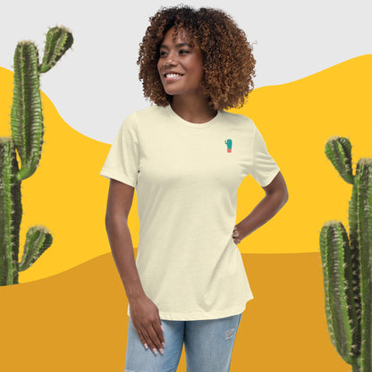Women’s relaxed T-shirt in off-white with small cactus graphic on the chest