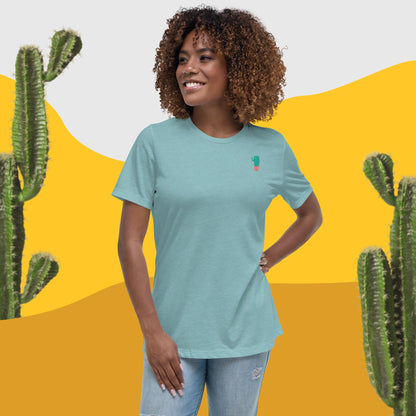 Women’s relaxed T-shirt in teal with small cactus graphic on the chest