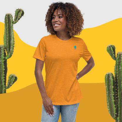 Women’s relaxed T-shirt in orange with small cactus graphic on the chest