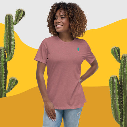 Women's relaxed crew-neck t-shirt, heather rose, small cactus graphic on chest
