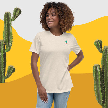 Women's relaxed crew-neck t-shirt, off-white, small cactus graphic on chest