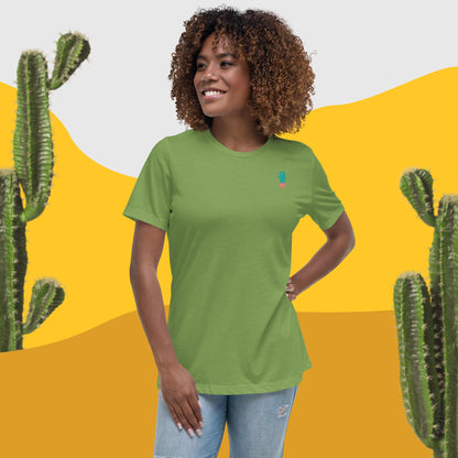 Women's relaxed crew-neck t-shirt, green, small cactus graphic on chest