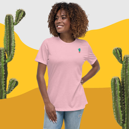 Women's relaxed crew-neck t-shirt, pink, small cactus graphic on chest
