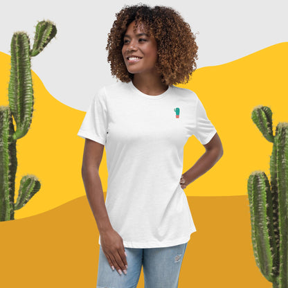 Women's relaxed crew-neck t-shirt, white, small cactus graphic on chest
