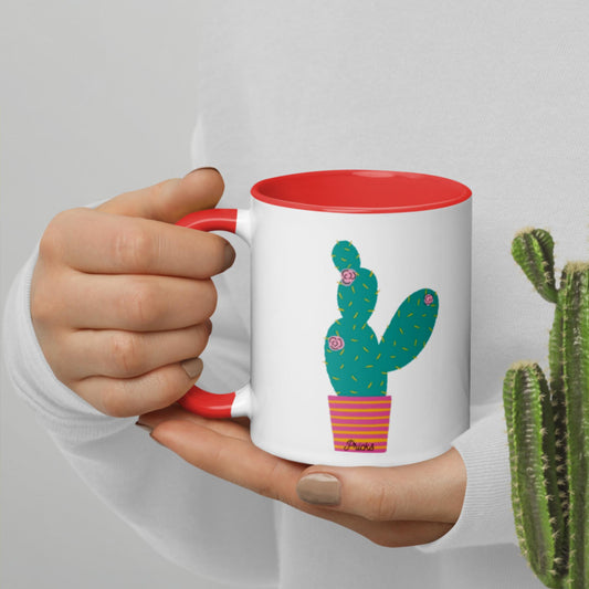Ceramic mug with red interior and cactus graphic with striped pot
